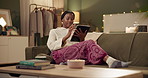 Relax, design and black woman on sofa with tablet for creative ideas, work from home and fashion. Small business, software and girl on couch with digital app for web, research or online inspiration