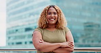Black woman, business and city portrait while happy with arms crossed outdoor with vision and pride. Face of entrepreneur person with urban buildings and motivation for career goals for future