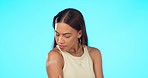 Plaster, vaccine and woman in studio with healthcare, choice and disease protection on blue background. Arm, bandage and female person with injection or medical immunity, influenza shot or booster