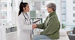 Welcome, old woman or doctor shaking hands with patient in consultation for healthcare checkup at hospital. Meeting, handshake or medical worker greeting a senior person in appointment at clinic