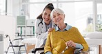 Face, happy or doctor with old woman In wheelchair or consultation for healthcare in hospital clinic. Portrait, smile or medical worker consulting an elderly person with a disability in appointment