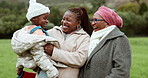 Happy, park walking and black family with parents, children and grandparents together for fun. Outdoor, garden and smile of father, grandfather and kids with love, care and support on a field
