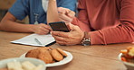 Home, senior man and nurse with a smartphone, typing and connection with internet, network and social media. Caregiver, elderly person and pensioner with a cellphone, digital app and mobile user