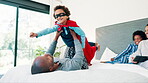 Man, child and superhero or bed game for morning connection or costume, playing or holiday. Black person, son and hand for power balance pose on mattress or mother bond, siblings or together