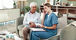 Elderly woman, nurse and treatment with clipboard, medical information or instructions for patient. Home, mature person and caregiver for headache, alzheimer and healthcare advice for medication