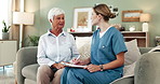Senior, woman and nurse talking on sofa with clipboard, healthcare service and consultation for medical document. Patient, treatment information and retirement home, nursing care and living room 