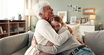 Happy grandma, daughter and sofa with hug for love, embrace or care in surprise or support at home. Grandmother and young woman with smile for bonding, holiday or weekend together in living room