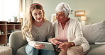 Tablet, grandmother and daughter for teaching, explain and internet and technology in home. Communication, read and help for elderly woman in retirement, social media and discussion of app service