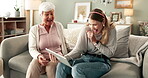 Grandma, woman and happy in home with tablet for video or games and entertainment on sofa. Streaming service, laugh and smile in living room as family together for joy, fun and support or excited