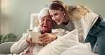 Grandmother, woman or photograph for memory in home for nostalgia, learning or to remember. Senior grandma, hug or family with pictures of old people, history or retro album on sofa in house lounge