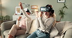 Virtual reality, boxing and grandmother with woman in home for video games, cyber and metaverse on sofa. Family, gamer and grandma with girl in vr glasses for bonding, relax and have fun together