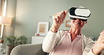 Vr goggles, senior and woman in a home with driving simulation and online gaming on sofa. Living room, metaverse and virtual reality glasses with cyber streaming with car video game with a smile