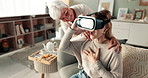 Virtual reality, home and senior mother with woman for live streaming, video games and metaverse. Family, living room and mom surprise person with vr glasses for playing online in cyber network