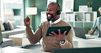 Tablet, success or mature black man in call center winning a telemarketing or telecom bonus in office. African consultant, agent or excited virtual assistant with victory, goals or sales achievement 