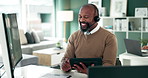 Winner, goal or black man with success in call center with telemarketing or telecom bonus on computer. African consultant, agent or excited virtual assistant with victory, tablet or sales achievement