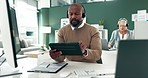 Black man, tablet or consultant in call center talking for tech support consulting in telemarketing. Broker, financial advisor or African sales agent in telecom office for debt, advice or problem