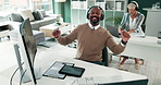 Black man, dancing and headphones with tablet at office for music, song or energy at agency. Happy African, male person or agent enjoying playlist, podcast or audio track at workplace with technology