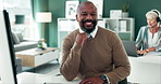 Happy, office and face of business black man with company pride, confidence and smile. Corporate consultant, startup agency and portrait of worker by desk with computer for career, job and work