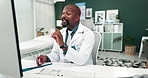 Computer, doctor and black man with medicine on video call in hospital for diagnosis, wellness and telehealth. Healthcare, clinic and person on pc for medical care, consulting and online service