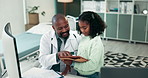 Doctor, help and tablet with child and dad in hospital with laughing and meme at clinic. Healthcare, professional and youth education game with elearning and young girl together with family and tech