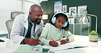 Girl, drawing and pencil in hospital with doctor, father or black man with headphones, help and learning. Dad, daughter or child with art, creativity and listen to music in office at clinic with care