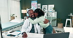 Happy dad, doctor and hug with child for music, dancing or energy together at work or clinic. Father or medical employee with daughter or kid at hospital for embrace, career day or love at hospital