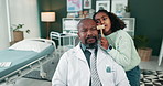 Family, doctor and father with child in clinic for playing, bonding and loving relationship. Hospital, tools and happy African dad and girl with equipment for medical care, healthcare and wellness