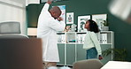 Father, daughter and play with dancing in office at clinic with bonding, connection and steps with rhythm. Black family, doctor and girl child with smile, dab and moving body together in hospital