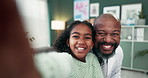 Doctor, selfie and face of father with child in clinic for online post, social media or memory together. Family, healthcare and happy African dad and girl with smartphone for bonding, photo and smile