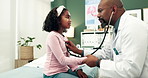 Doctor, man and girl with stethoscope for exam, check and listening to lungs, heart and helping in clinic. African person, pediatrician and child with consultation, healthcare or wellness in hospital