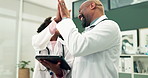 High five, doctor and father with child with tablet for learning, online research and telehealth. Hospital, family and happy dad and girl on digital tech for medical care, healthcare and wellness