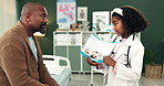 Doctor, pamphlet and child with costume and dad with advice and information with role play game. Dress up, young girl and fantasy with dream job with youth worker at play consultation and talking