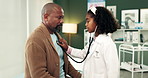 Girl, stethoscope and play doctor with dad for exam, check and listen to lungs, heart and help in house. African father, child and consultation for games, healthcare and wellness in black family home