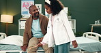 Girl, doctor and health with hammer for knee with father, playing and happy on bed in hospital. Child, dad and test for joint pain, nervous system and tools to help for healthcare in African family