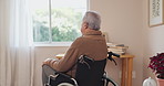 Window, mature man and back with wheelchair, thinking and anxiety from memories in retirement home. Senior, male person and mental health in nursing home with depression from grief or loneliness