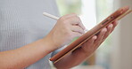 Hands, tablet and writing with stylus for notes in office for business memo or personal assistant. Design, creative and tech with digital drawing with person, precision and ui with closeup of device.
