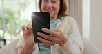 Senior woman, home and typing with phone and smile for message, communication online with technology. Female housewife, house or mobile with conversation on web or application, happy for social media