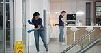 Pro, cleaning service or team in office space with floor maintenance process, protection or disinfection. Workspace, hygiene or cleaner people with mop for safety, dust or bacteria dirt prevention