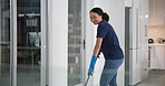 Woman, cleaner and happy with dancing in office at night for enjoyment, cleaning service fun and working with music. Janitor, worker and dance movement at workplace for hygiene, housekeeping and maid