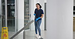 Woman, cleaner and mopping with dancing in office at night for enjoyment, cleaning service fun and working with music. Janitor, worker or dance movement at workplace for hygiene, housekeeping or maid