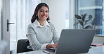 Smile, face and business woman with laptop at desk for planning, feedback or research on article. Journalist, portrait and writer person with computer for headline news, column or website in office