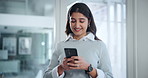 Cellphone, smile and business woman in office typing email, message or research online for law case. Happy, communication and female corporate attorney read legal policy review on phone in workplace.