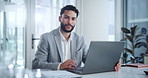 Corporate, finance and man in portrait in office with laptop, typing and document as accountant for company, bank or business. Male person, broker and advisor at workplace with tech, pride and smile