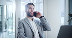 Man, corporate and finance in phone call with laptop, conversation and accounting for company, bank or business. Male person, broker and advisor at workplace with technology in modern office for work