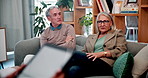 Senior couple, therapy and consultation with psychologist on tablet for marriage, help or advice on divorce. Counseling, man and woman talk to therapist for stress, relationship support or conflict