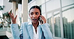 Indian woman, outdoor and stress with phone call as lawyer on conversation with client and worried. Street, legal advisor and shouting with discussion for connection and networking in New York