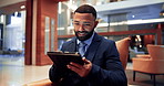 Happy, businessman and tablet with hand for audit, review or planning schedule in hotel lobby. African, male person or entrepreneur with tech for feedback, searching and inspection of company report
