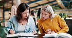 University, tablet and women with books at campus cafe for research, planning or homework project with teamwork. College, friends or girl students with notebook search, help or writing study notes