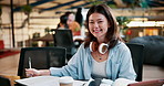 Library, university and face of girl with books for studying,  learning and college in cafe. Academy, student and portrait of woman with notes, textbooks and happy for knowledge, school or education