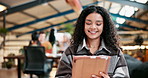 University, tablet and girl at campus cafeteria for research, planning or ebook sign up for homework, project or checklist. Gen z student at cafe with elearning app assignment, deadline or submission
